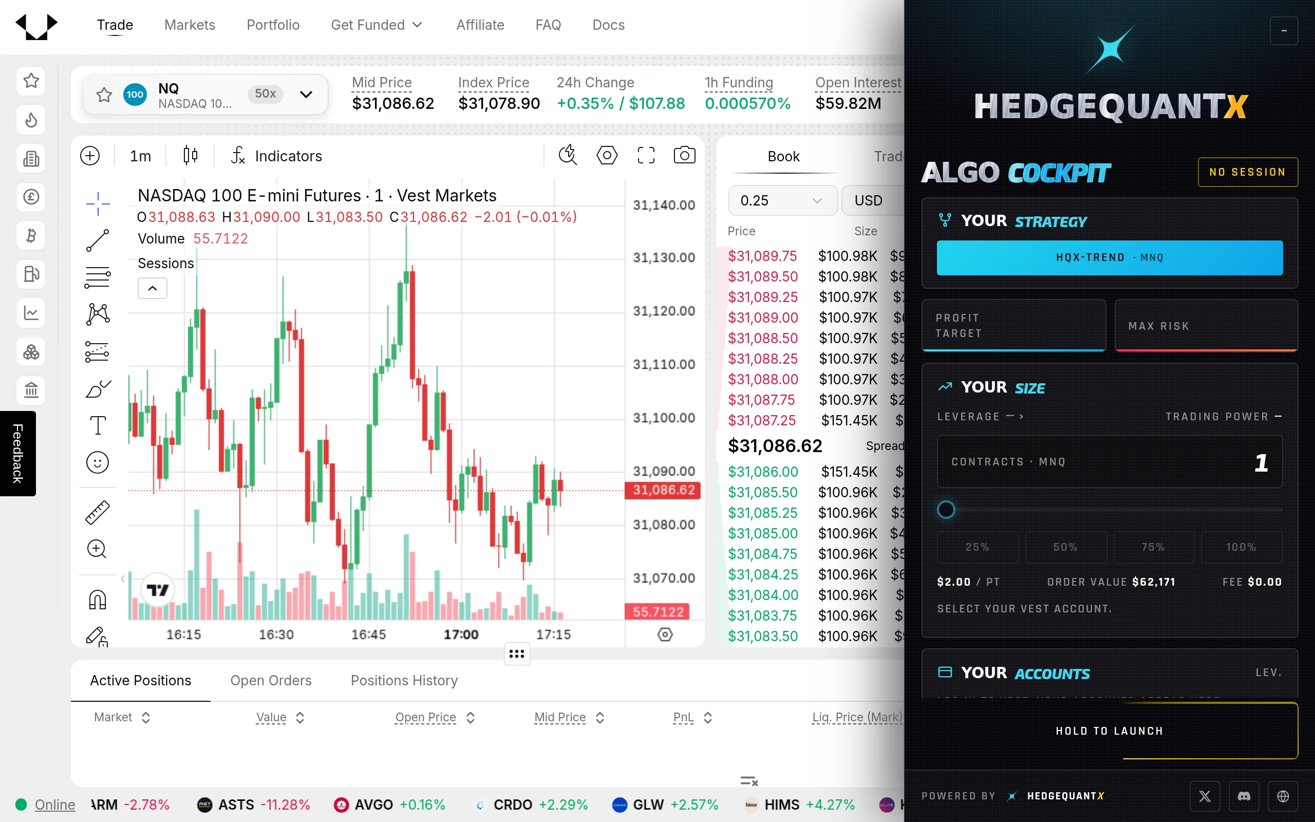 The HQX algo cockpit open on the right side of the Vest Markets trading screen for Nasdaq.